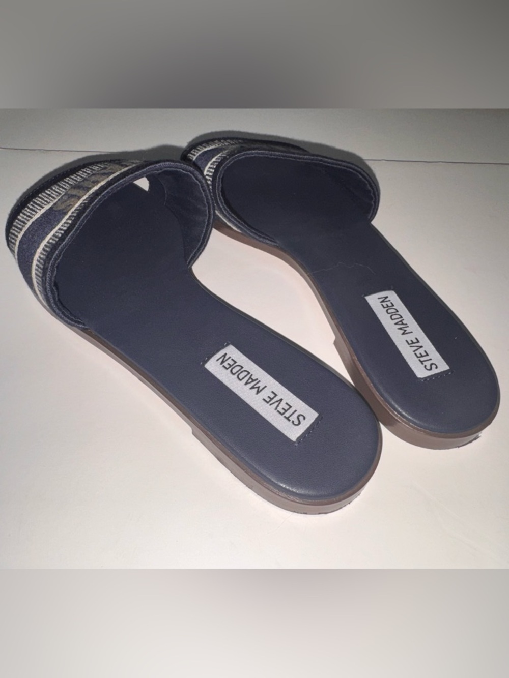 Steve Madden Navy Blue 'PARIS' Embroidered Slide Sandals - 8 - Picture 4 of 5